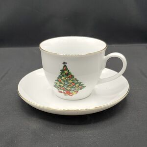 Jamestown China Christmas Tree Cup and Saucer with Gold Trim